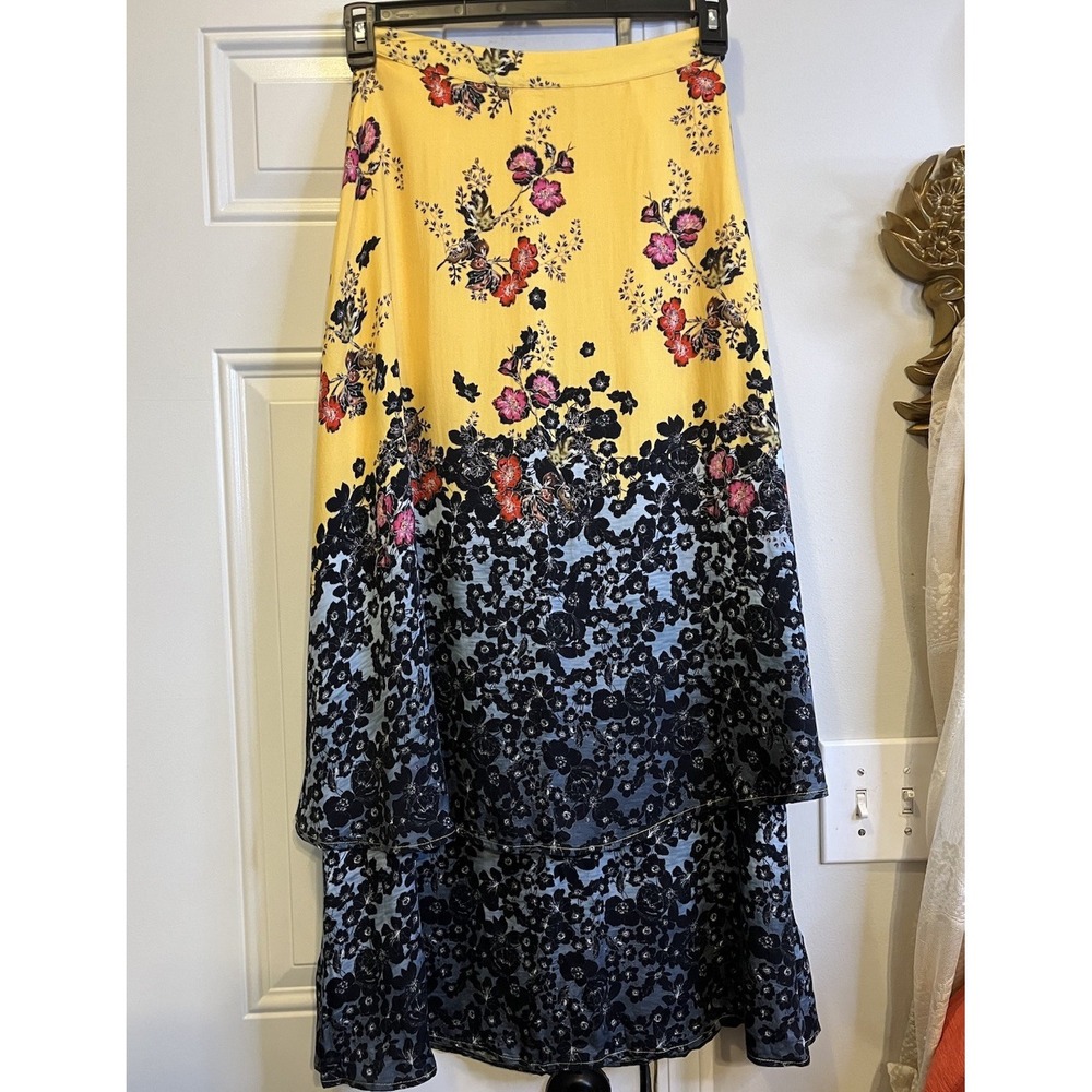 Free People Boho Tiered Floral Maxi Skirt Size 0 Yellow Blue Gradient Whimsigoth